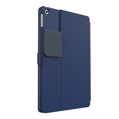 Three-quarter view of the back of the case, with folio closed and camera flap folded down.#color_coastal-blue-charcoal-grey