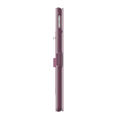 Side view of the case, with folio closed, showing clasp.#color_plumberry-purple-crushed-purple-crepe-pink