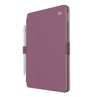 Three-quarter view of front of the case, with folio closed.#color_plumberry-purple-crushed-purple-crepe-pink