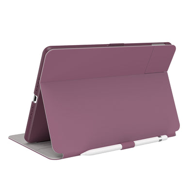 Three-quarter view of back of the case, using view stand formation.#color_plumberry-purple-crushed-purple-crepe-pink