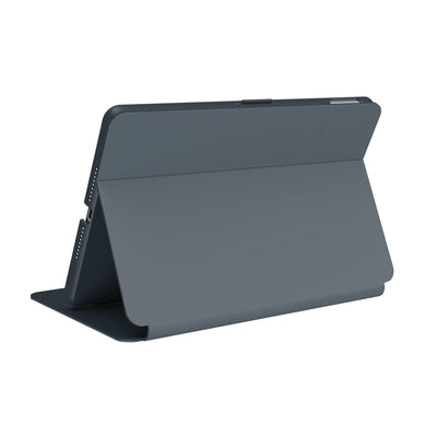 Three-quarter view of back of the case, using view stand formation.#color_stormy-grey-charcoal-grey