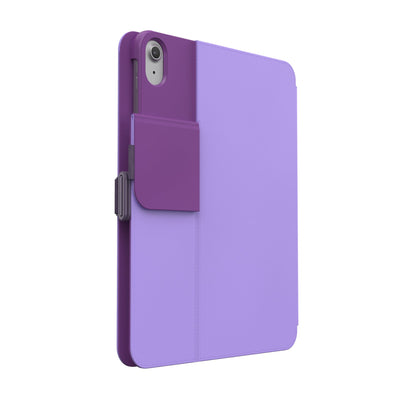 Three-quarter view of the back of the case, with folio closed and camera flap folded down.#color_ube-brew-grape-parfait
