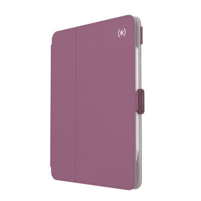 Three-quarter view of front of the case, with folio closed.#color_plumberry-purple-crushed-purple-crepe-pink