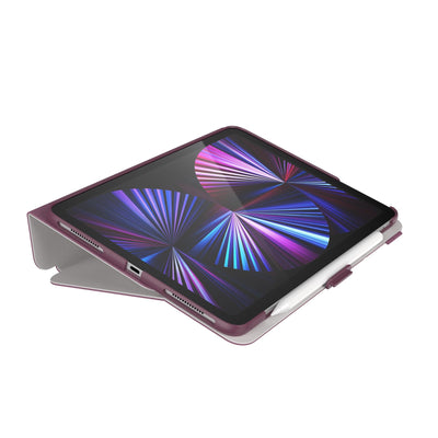 Three-quarter view of the front of the case, using typing stand formation#color_plumberry-purple-crushed-purple-crepe-pink