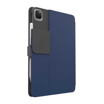 Three-quarter view of the back of the case, with folio closed and camera flap folded down#color_arcadia-navy-moody-grey
