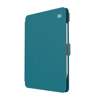 Three-quarter view of front of the case, with folio closed#color_deep-sea-teal-cloudy-grey