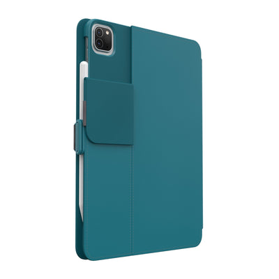 Three-quarter view of the back of the case, with folio closed and camera flap folded down#color_deep-sea-teal-cloudy-grey