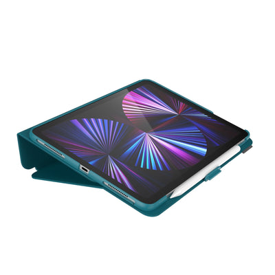 Three-quarter view of the front of the case, using typing stand formation#color_deep-sea-teal-cloudy-grey