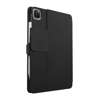 Three-quarter view of the back of the case, with folio closed and camera flap folded down#color_black