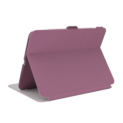 Three-quarter view of back of the case, using view stand formation.#color_plumberry-purple-crushed-purple-crepe-pink