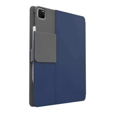 Three-quarter view of the back of the case, with folio closed and camera flap folded down#color_arcadia-navy-moody-grey