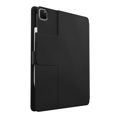 Three-quarter view of the back of the case, with folio closed and camera flap folded down#color_black