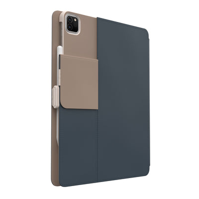 Three-quarter view of the back of the case, with folio closed and camera flap folded down#color_charcoal-mocha-almond-milk