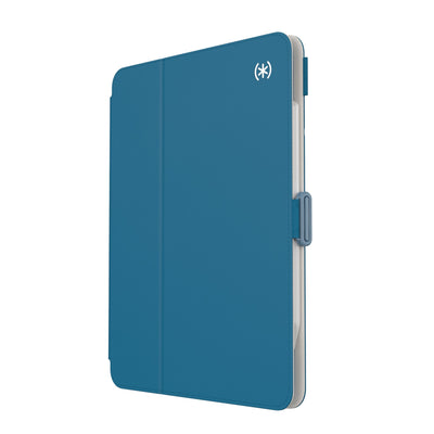 Three-quarter view of front of the case, with folio closed.#color_piccards-blue-frost-beige-faded-teal