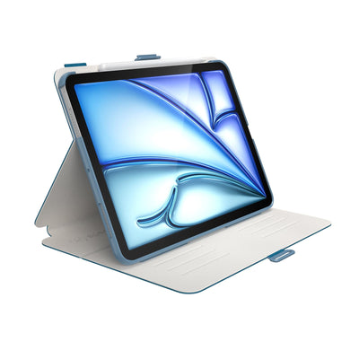 Three-quarter view of front of the case, using view stand formation.#color_piccards-blue-frost-beige-faded-teal