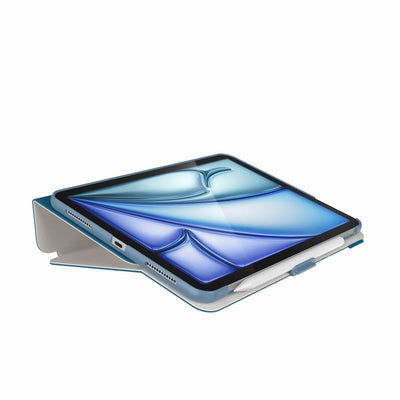 Three-quarter view of the front of the case, using typing stand formation.#color_piccards-blue-frost-beige-faded-teal