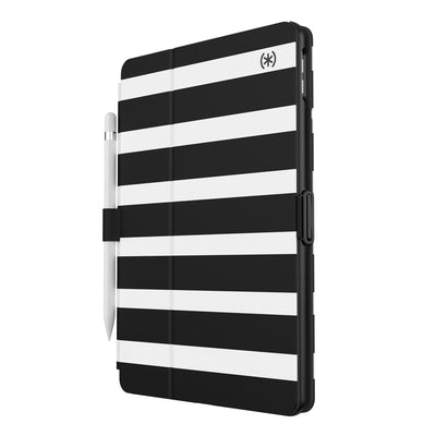 Three-quarter view of front of the case, with folio closed#color_black-white-stripes