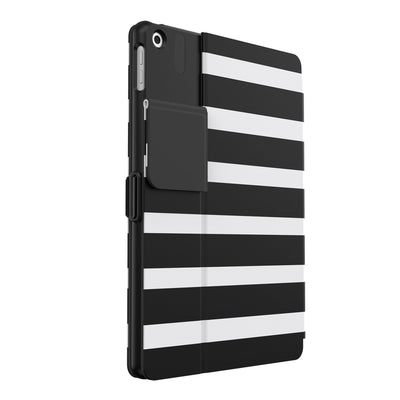 Three-quarter view of the back of the case, with folio closed and camera flap folded down#color_black-white-stripes