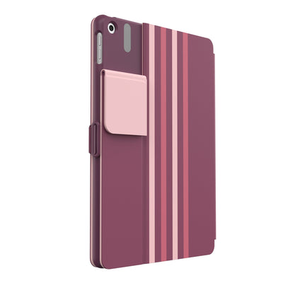 Three-quarter view of the back of the case, with folio closed and camera flap folded down#color_crimson-forest-stripes-lush-burgundy