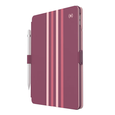 Three-quarter view of front of the case, with folio closed#color_crimson-forest-stripes-lush-burgundy