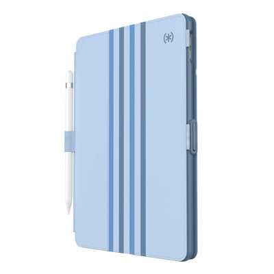 Three-quarter view of front of the case, with folio closed#color_waterfall-stripes-sail-blue