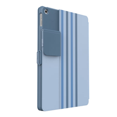 Three-quarter view of the back of the case, with folio closed and camera flap folded down#color_waterfall-stripes-sail-blue