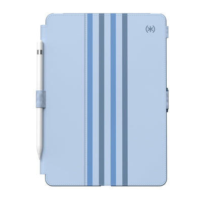 Straight-on view of the front of the case, with folio closed#color_waterfall-stripes-sail-blue