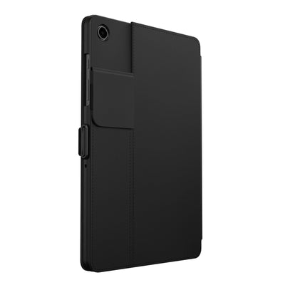 Three-quarter view of the back of the case, with folio closed and camera flap folded down#color_black