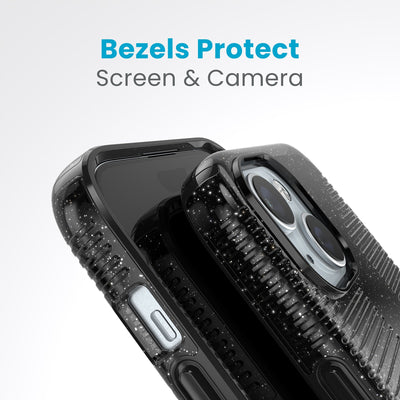 A case with phone inside with camera facing up is lying on top of a case with phone inside with screen facing up. Both are at a sharp angle clearly showing case's raised bezels around screen and camera. Text reads bezels protect screen and camera.#color_black-glitter-steel-black