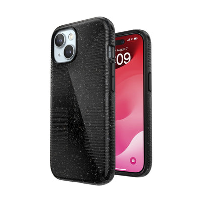 Three-quarter view of back of phone case simultaneously shown with three-quarter front view of phone case.#color_black-glitter-steel-black