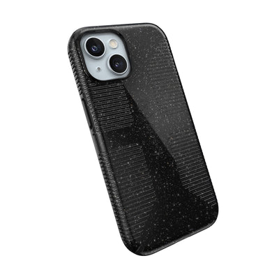 Tilted three-quarter angled view of back of phone case.#color_black-glitter-steel-black