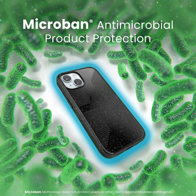 A case with phone inside is surrounded by bacteria. A blue halo around the phone keeps the bacteria away. Text reads Microban antimicrobial product protection. Microban technology does not protect users or other items against disease pathogens.#color_black-glitter-steel-black