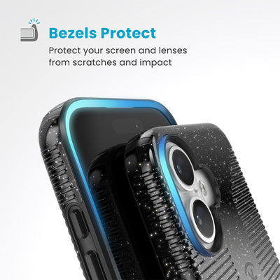 Raised bezels around phone screen and camera are highlighted. Text reads Bezels Protect: Protect your screen and lenses from scratches and impact#color_black-glitter-steel-black