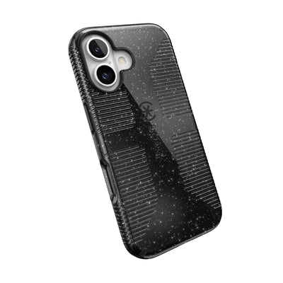 Tilted slight perspective view of back of phone case with phone inside#color_black-glitter-steel-black