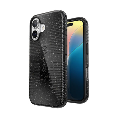 Three-quarter view of back of phone case with phone inside shown over top of front view of phone case with phone inside#color_black-glitter-steel-black