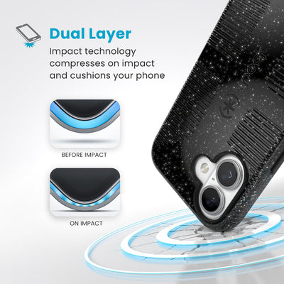 A corner of the case impacts the ground - a diagram shows interior cushion of phone before impact and on impact. Text reads Dual Layer: Impact technology compresses on impact and cushions your phone#color_black-glitter-steel-black