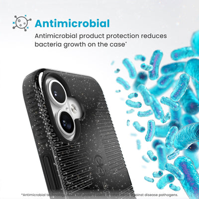 Bacteria is shown around phone case but not on it. Text reads Antimicrobial: Antimicrobial product protection reduces bacteria growth on the case (Antimicrobial technology does not protect users or other items against disease pathogens)#color_black-glitter-steel-black