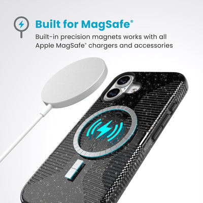 A MagSafe charger hovers over the back of the phone case. Text reads Built for MagSafe: Built-in precision magnets works with all Apple MagSafe chargers and accessories#color_black-glitter-steel-black