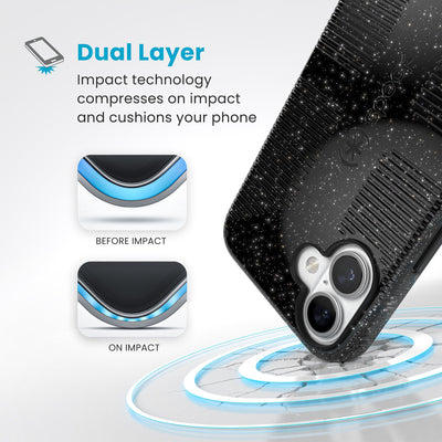 A corner of the case impacts the ground - a diagram shows interior cushion of phone before impact and on impact. Text reads Dual Layer: Impact technology compresses on impact and cushions your phone#color_black-glitter-steel-black