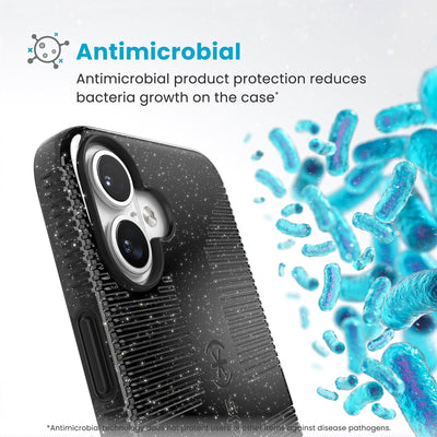 Bacteria is shown around phone case but not on it. Text reads Antimicrobial: Antimicrobial product protection reduces bacteria growth on the case (Antimicrobial technology does not protect users or other items against disease pathogens)#color_black-glitter-steel-black