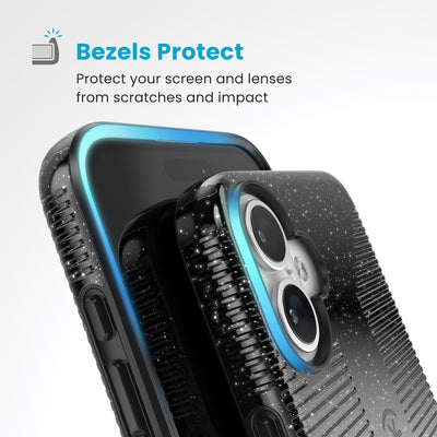 Raised bezels around phone screen and camera are highlighted. Text reads Bezels Protect: Protect your screen and lenses from scratches and impact#color_black-glitter-steel-black