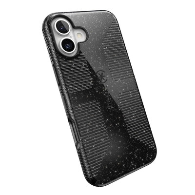 Tilted slight perspective view of back of phone case with phone inside#color_black-glitter-steel-black