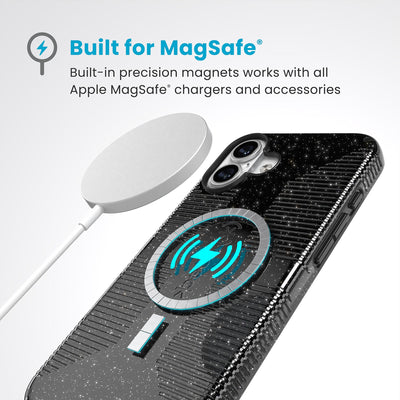 A MagSafe charger hovers over the back of the phone case. Text reads Built for MagSafe: Built-in precision magnets works with all Apple MagSafe chargers and accessories#color_black-glitter-steel-black