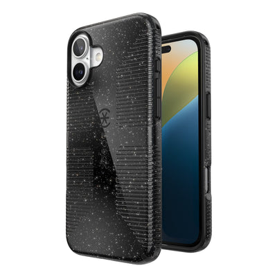 Three-quarter view of back of phone case with phone inside shown over top of front view of phone case with phone inside#color_black-glitter-steel-black