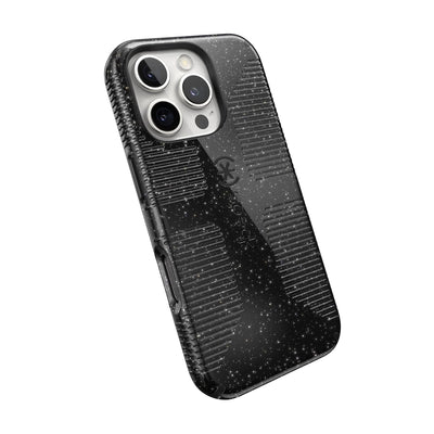 Tilted slight perspective view of back of phone case with phone inside#color_black-glitter-steel-black