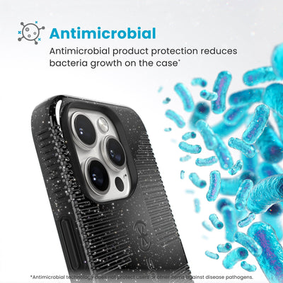 Bacteria is shown around phone case but not on it. Text reads Antimicrobial: Antimicrobial product protection reduces bacteria growth on the case (Antimicrobial technology does not protect users or other items against disease pathogens)#color_black-glitter-steel-black