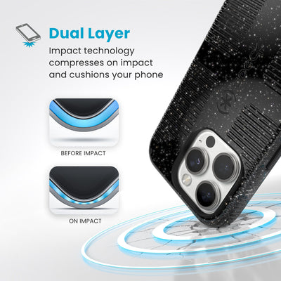 A corner of the case impacts the ground - a diagram shows interior cushion of phone before impact and on impact. Text reads Dual Layer: Impact technology compresses on impact and cushions your phone#color_black-glitter-steel-black