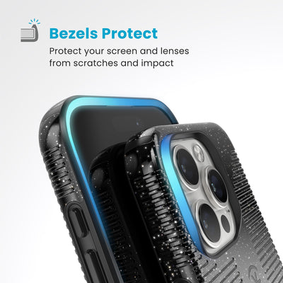 Raised bezels around phone screen and camera are highlighted. Text reads Bezels Protect: Protect your screen and lenses from scratches and impact#color_black-glitter-steel-black