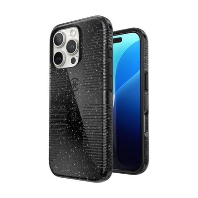 Three-quarter view of back of phone case with phone inside shown over top of front view of phone case with phone inside#color_black-glitter-steel-black