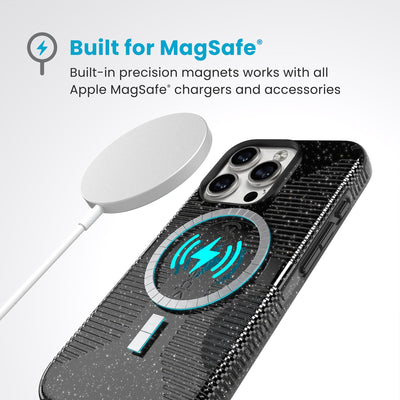 A MagSafe charger hovers over the back of the phone case. Text reads Built for MagSafe: Built-in precision magnets works with all Apple MagSafe chargers and accessories#color_black-glitter-steel-black